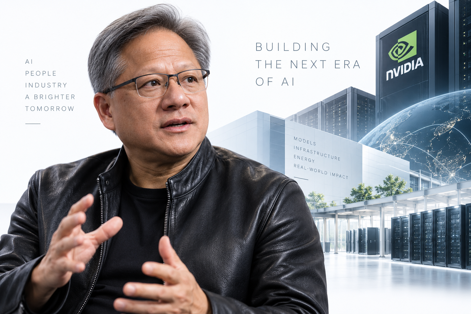 젠슨 황과 NVIDIA AI 데이터센터가 연결된 산업 인프라 이미지