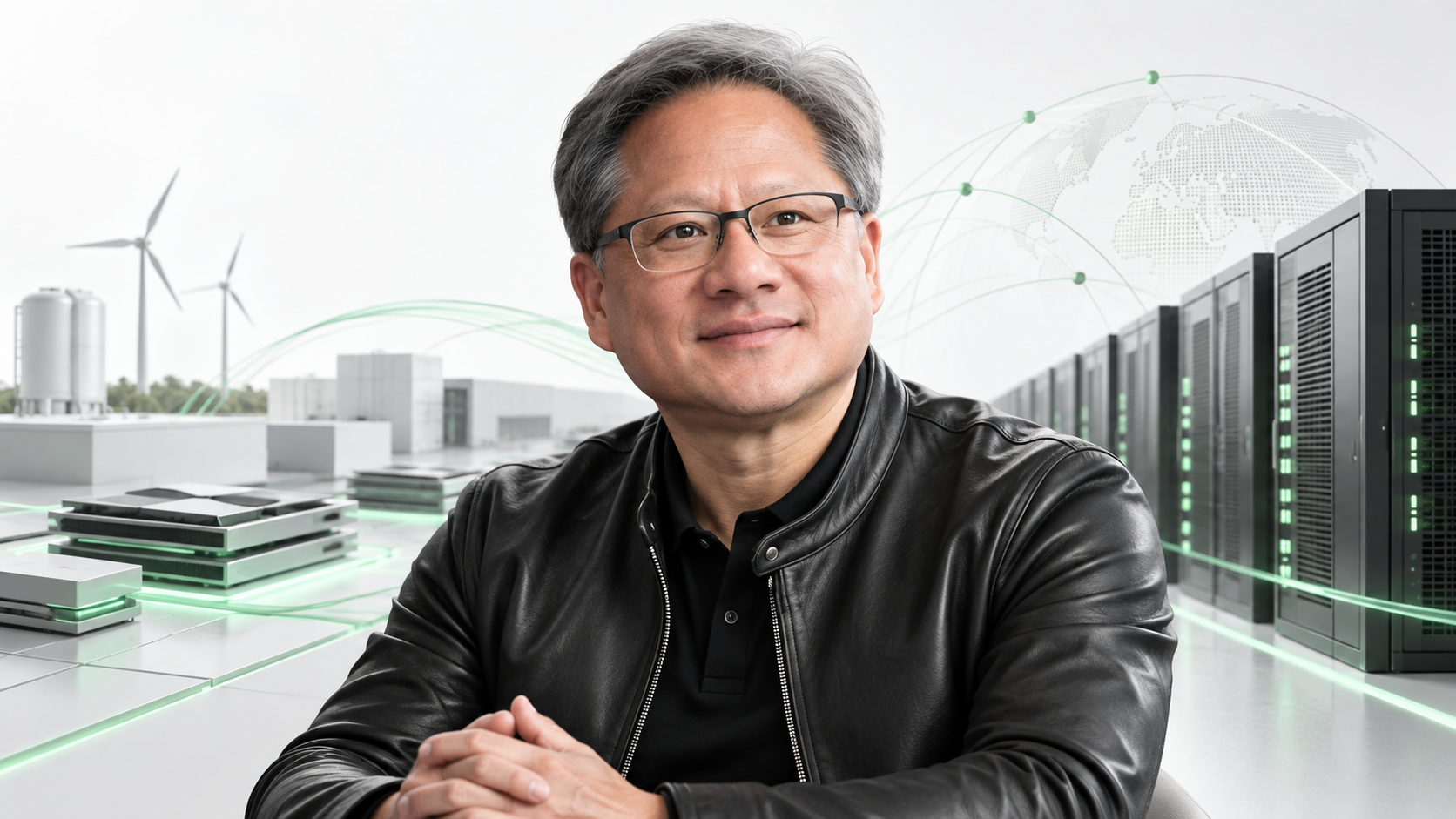 젠슨 황과 반도체, 데이터센터, 전력 인프라를 함께 표현한 이미지