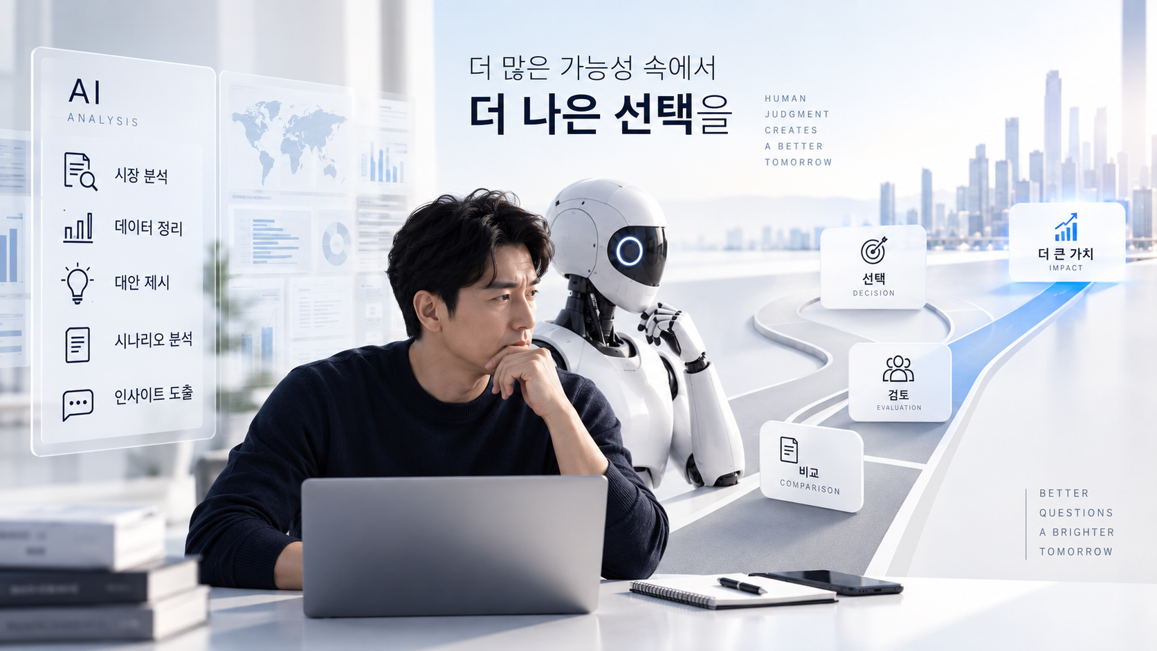 AI와 함께 여러 선택지를 검토하는 사람의 모습