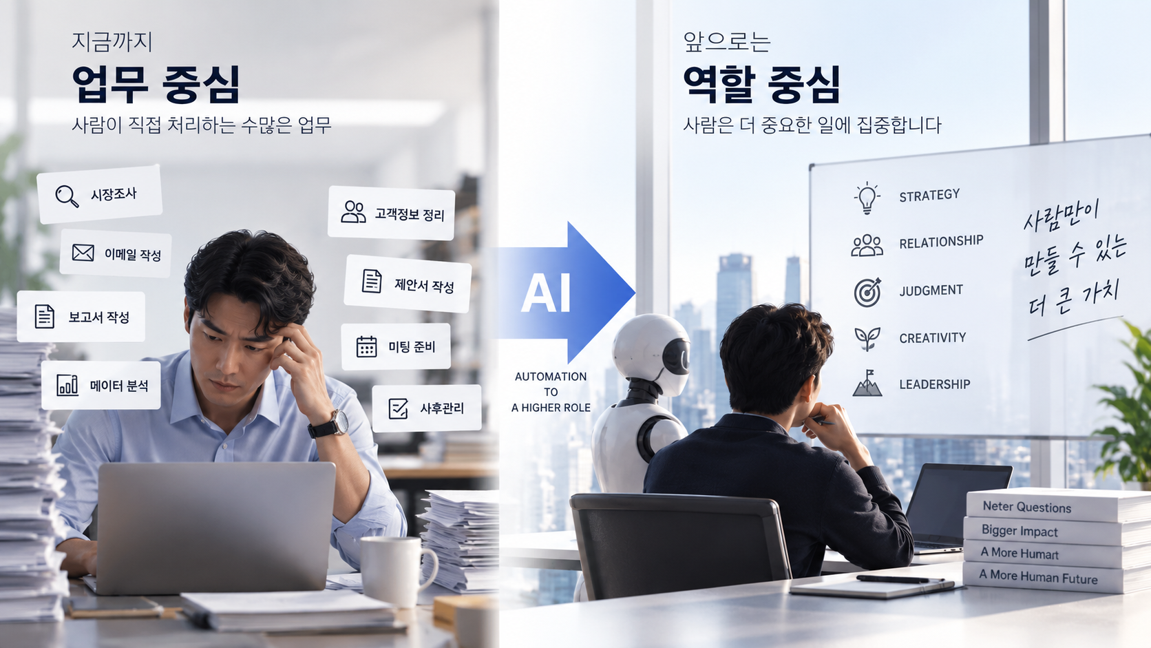 AI로 업무 중심 역할이 역할 중심으로 바뀌는 모습을 표현한 이미지